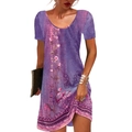 Women's summer short sleeve mini dress with elegant purple floral print and round neck - Purple