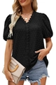 Damen schwarze Chiffonbluse mit Schweizer Punkten, V-Ausschnitt, Spitze und Puffärmeln - S / Schwarz