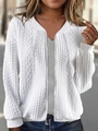 Close-up of classic cable knit pattern and metal zipper on white cardigan baseball jacket - S / White
