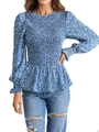 Detail of blue floral long sleeve blouse with smocking waist and peplum hem design - Blue