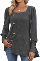 Close-up of charcoal gray square neck top with ribbed knit texture and button detail - S / Gray