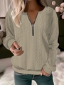 Detail of cable knit texture and metal zipper V-neck on beige long sleeve sweater - Coffee