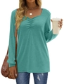 Detail of the V-neckline with ruched chest design on this teal long sleeve top - S / Emerald Green