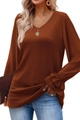 Women's V-neck long sleeve top with flared bell cuffs in warm brick red color - S / Coffee
