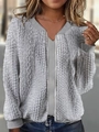 Detail of cable knit texture and ribbed baseball collar on a gray zip-up cardigan - S / Gray
