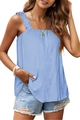 Detail of light blue ribbed tank top showing ruffled straps and square neckline - Blue
