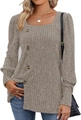 Women's slim fit square neck long sleeve ribbed knit T-shirt with decorative buttons - Coffee
