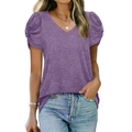 Deep purple V-neck short sleeve T-shirt with puff sleeve design and heathered texture - Purple