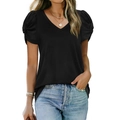 Camiseta negra de mujer con cuello en V, mangas abullonadas fruncidas y estilo casual moderno - S / Negro