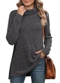 Details des dunkelgrauen Rollkragenpullovers mit Seitenschlitz und Rippstrick-Textur - S / Oberteile / Grau