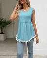 Detail of blue striped sleeveless top with elegant white lace hem and waist ruffle - Sky Blue
