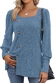 Close-up of blue square neck knit top with vertical ribbing and gold decorative buttons - Blue