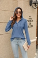 Detail of blue waffle knit hoodie featuring shoulder drop design and wooden buttons - S / Blue