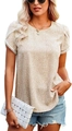 Beige short sleeve T-shirt for women with white polka dots and lace trim sleeves - Beige Polka Dot
