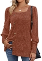 Rust red square neck long sleeve knit top with decorative wood buttons and puff sleeves - S / Brick Red