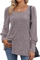 Slim fit square neck ribbed long sleeve mauve T-shirt with decorative side buttons - Brown