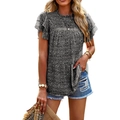Top in chiffon leopardato da donna con maniche a farfalla e scollo arricciato casual - S / Nero