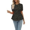 Women's black floral peplum top with short puff sleeves and round neck floral pattern - S / Black