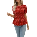 Detailed view of the red floral smocking waist and elastic texture on a puff sleeve blouse - S / Red