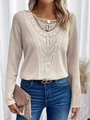 Detail of elegant V-shaped lace embroidery on this beige long sleeve knit top for women - S / Tops / Beige