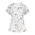 Short sleeve V-neck nurse scrub top featuring elegant floral print and front pockets - White