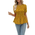 Detail showing the yellow floral smocked waist shirt with puff sleeves and ruffle hem - S / Yellow