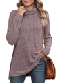 Detail view of high turtleneck knit sweater featuring vertical ribbed texture and side slits - Brown