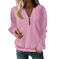 Women's pink cable-knit sweater with quarter-zip V-neck and ribbed cuffs design - Pink