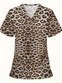 Women's V-neck scrub top with leopard print and dual front pockets for summer - Yellow