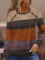 Detail of color-block striped knit sweater featuring decorative shoulder buttons and crew neck - S / Orange