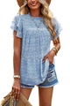 Blue short-sleeve chiffon blouse with white polka dots and ruffled collar and sleeves - Blue