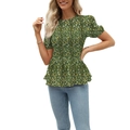 Detailed view of dark green floral short sleeve top with elastic smocking and ruffle hem - Green