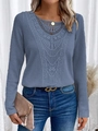 Detail of blue waffle knit fabric with elegant lace neckline on women long sleeve top - S / Tops / Blue