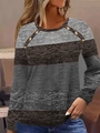 Detail shot of elegant copper buttons on striped knit crewneck long sleeve shirt for women - S / Gray