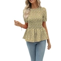 Detail of floral smocked blouse with puff sleeves and peplum hem on yellow fabric - S / Beige