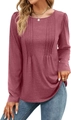 Detailed view of women's long sleeve top with pleated front and dried rose pink fabric - Brick Red