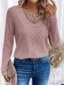 Macro detail of intricate hollow crochet lace and waffle knit texture on dusty rose top - S / Tops / Pink