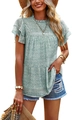 Mint green polka dot chiffon blouse with high neck ruffle and layered flutter sleeves - Green