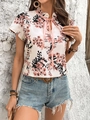Women floral short sleeve blouse with pink bow tie neck and white floral pattern - S / Pink