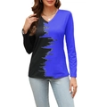 Detail of V-neck long sleeve T-shirt with artistic blue and black color block stitching - Black and Blue
