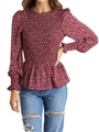 Women's burgundy floral long sleeve smocked top with elegant peplum waist detail - S / Red