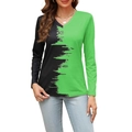 Detail of V-neck long sleeve top featuring green and black patchwork with zigzag texture - Dark Green