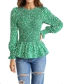 Women's green floral long sleeve smocked blouse with elastic bodice and ruffle hem - S / Green