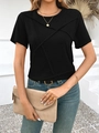 Detail of black short sleeve T-shirt with a stylish crossover layered hem design - S / Black