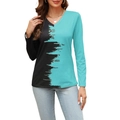 Close-up of V-neck long sleeve top with unique irregular brushstroke print detail - Black and Sky Blue