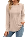 Top de punto beige para mujer de manga larga y cuello redondo con detalle plisado - S / Blanco Roto