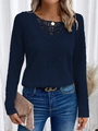 Close-up of intricate lace neckline and waffle knit texture on this navy long sleeve top - S / Tops / Navy Blue