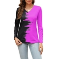 Detail of V-neck long sleeve top featuring black and purple contrast color block design - Black Purple