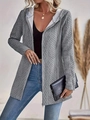 Detailed macro view of the grey cable knit hooded cardigan with a sturdy metal zipper - S / Gray
