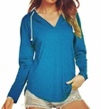 Detail of blue V-neck hooded top with white drawstrings and textured knit fabric - Blue